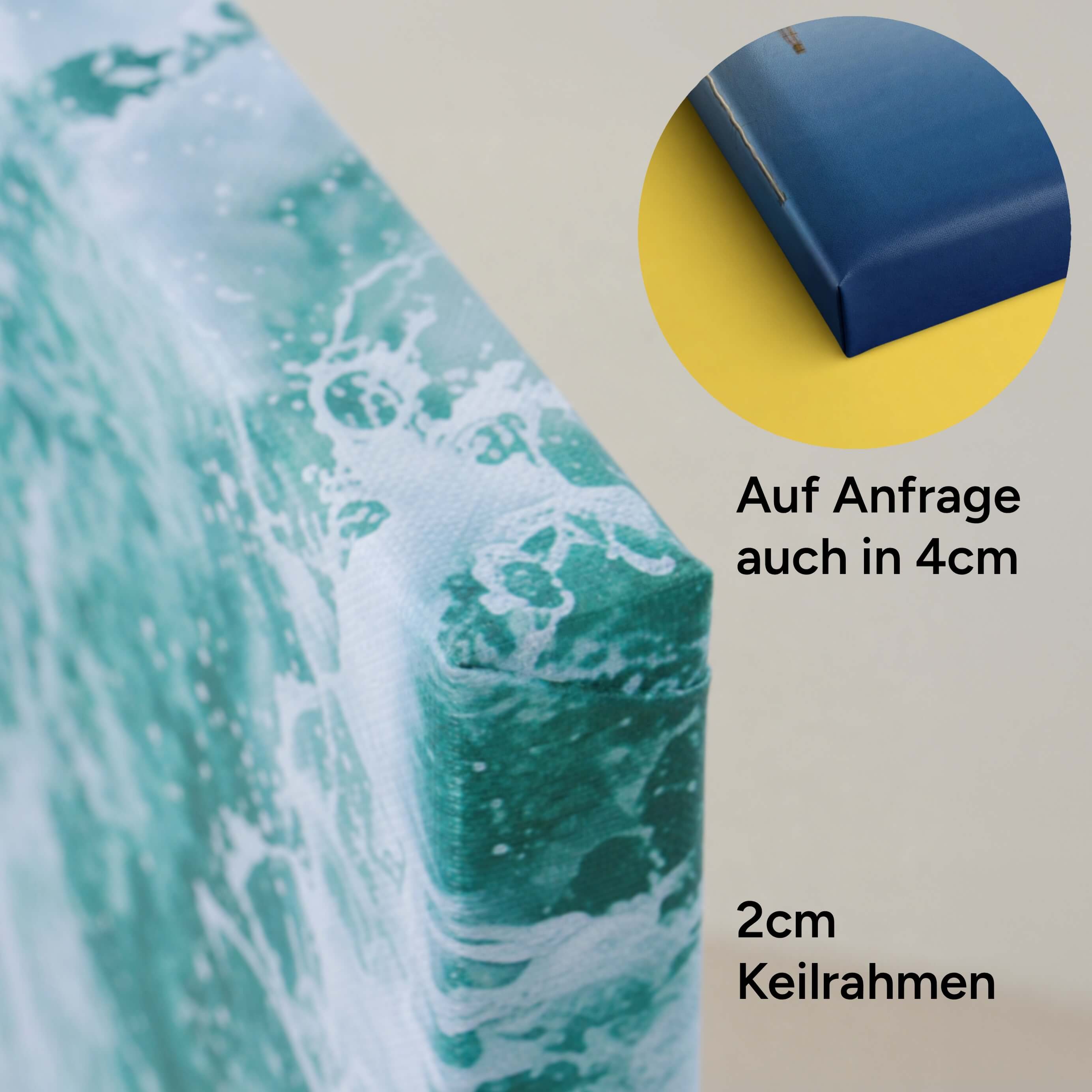 Nahaufnahme zweier 88Miles Bilder auf Leinwand, einmal in 2cm Keilrahmen und mit 4cm Keilrahmen