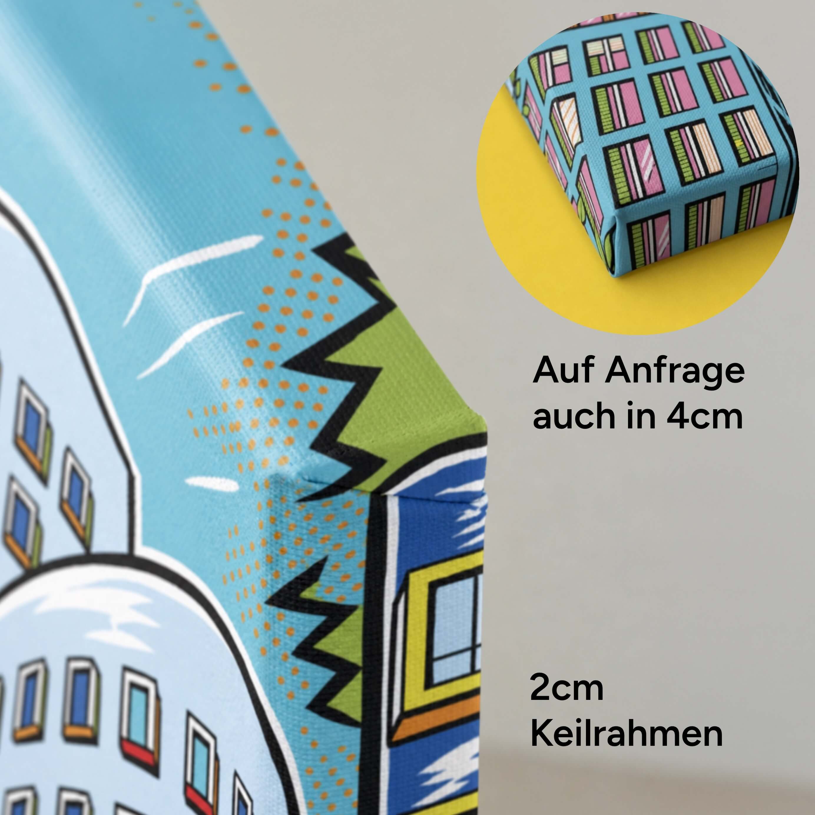 Nahaufnahme zweier 88Miles Bilder auf Leinwand, einmal in 2cm Keilrahmen und mit 4cm Keilrahmen