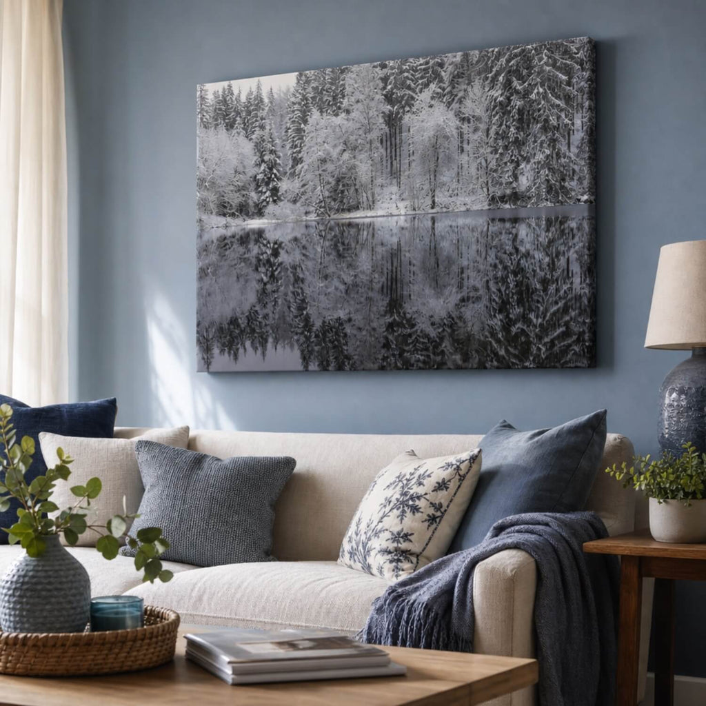 [ai-modified;e:living-room] In einer Wohnsituation ist das 88Miles Wandbild: Schneeweiß