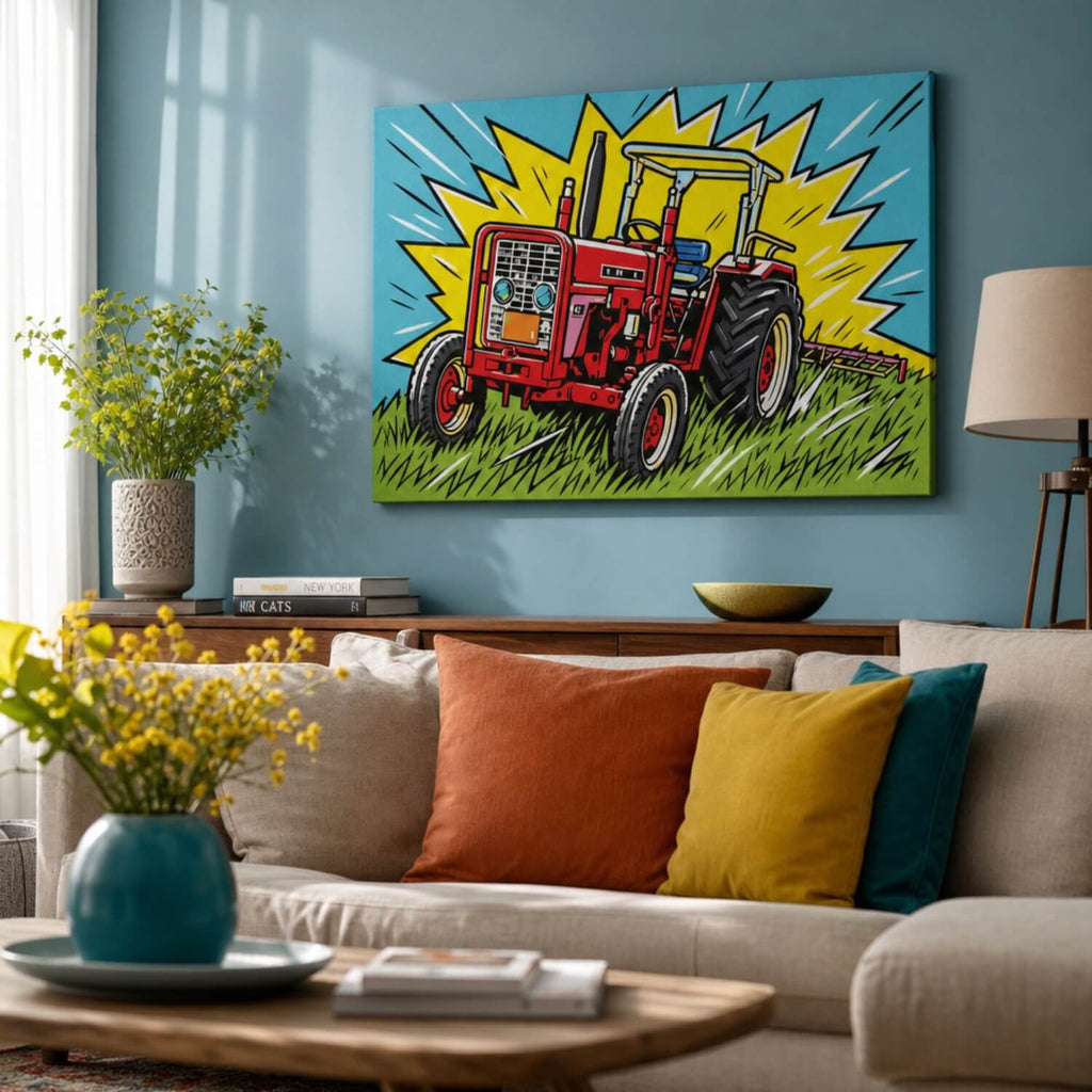 [ai-modified;e:living-room] In einer Wohnsituation ist das 88Miles Wandbild: Traktor meets Popart