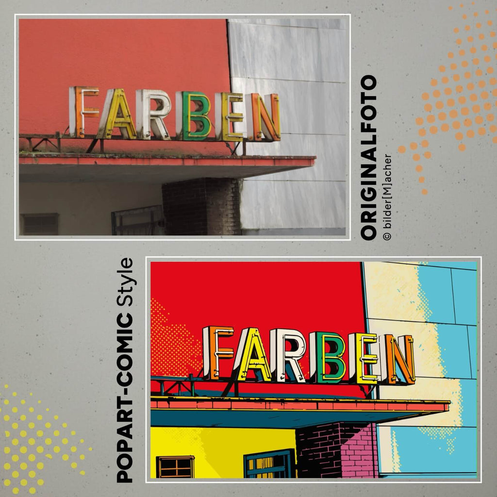 Wandbild im Popart Stil eines Neonschilds mit der Aufschrift FARBEN
