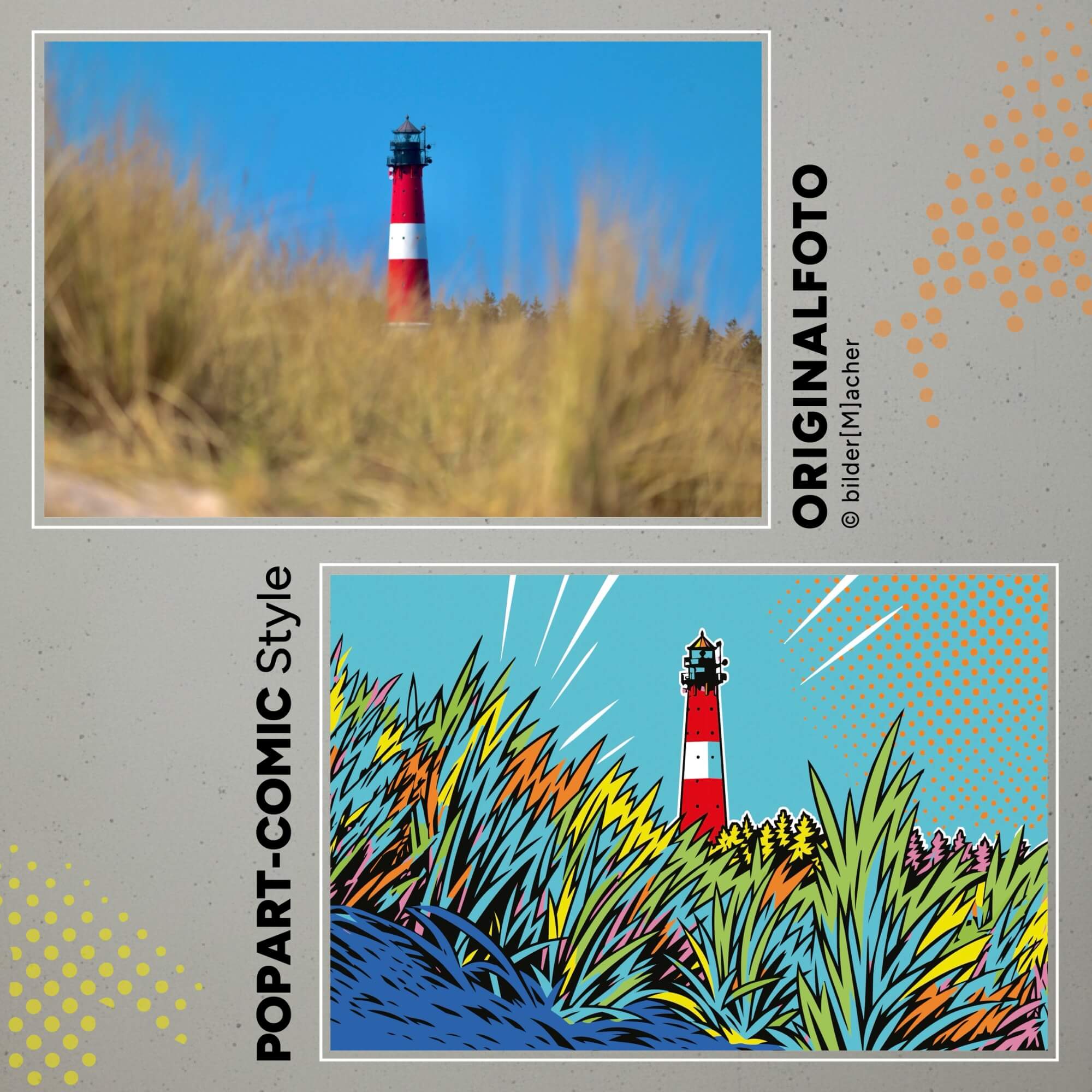 Wandbild im popart stil eines Leuchtturms mit Dünengras