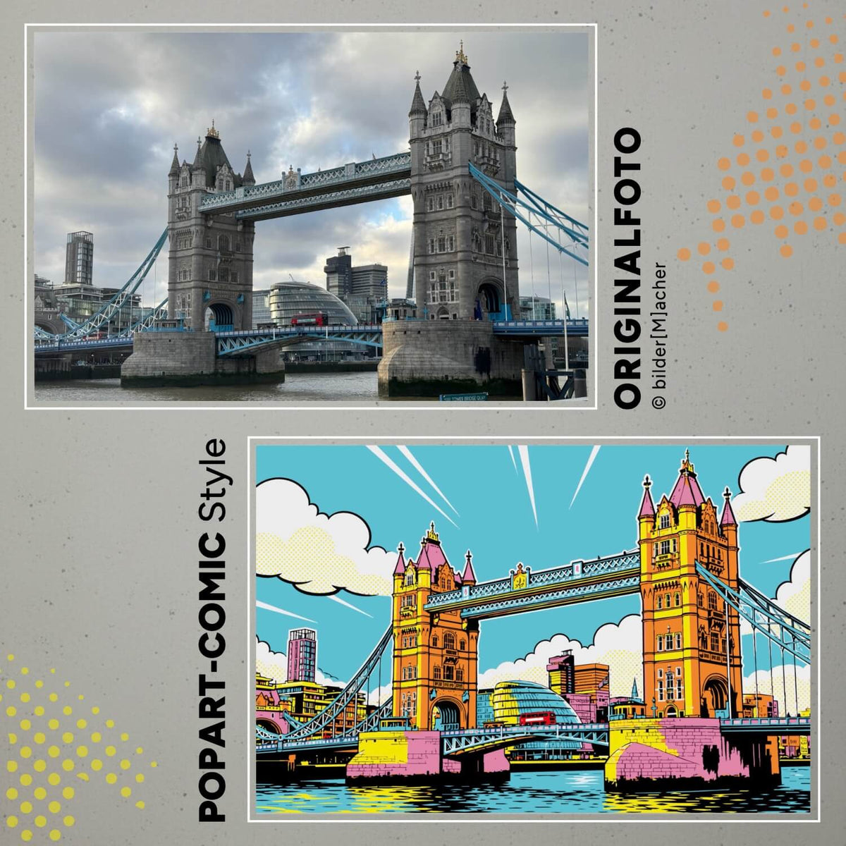 Wandbild der Londoner Tower bridge und Skyline im Popart stil