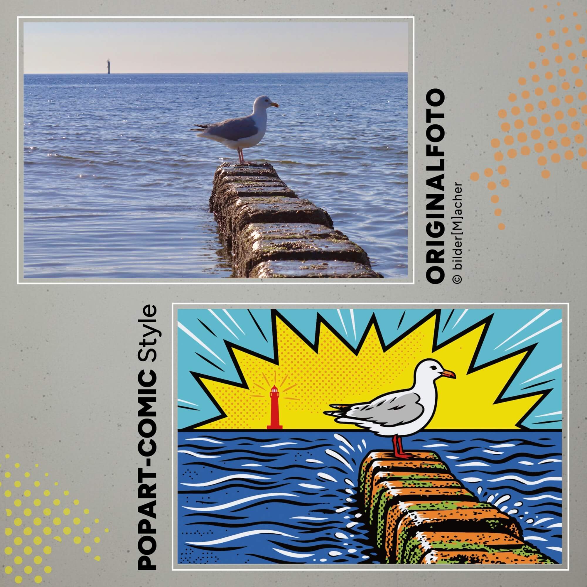Wandbild einer möwe im meer im popart stil