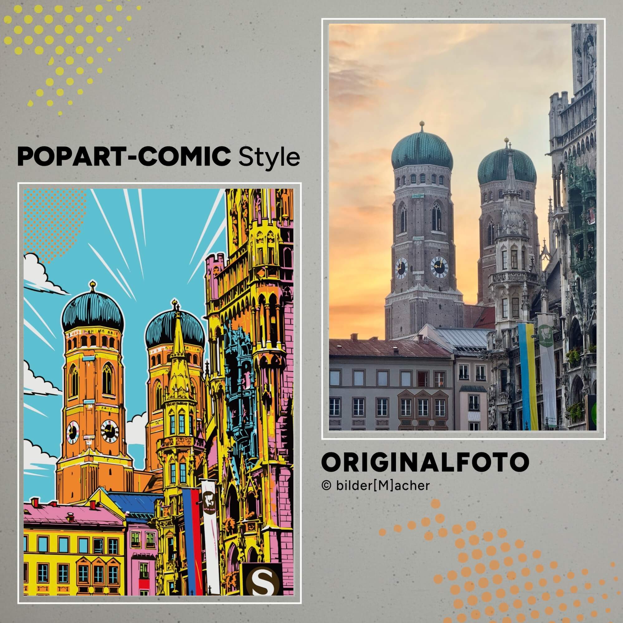 Wandbilder im Popart Stil der Münchener Frauenkirche und das Münchener Rathaus