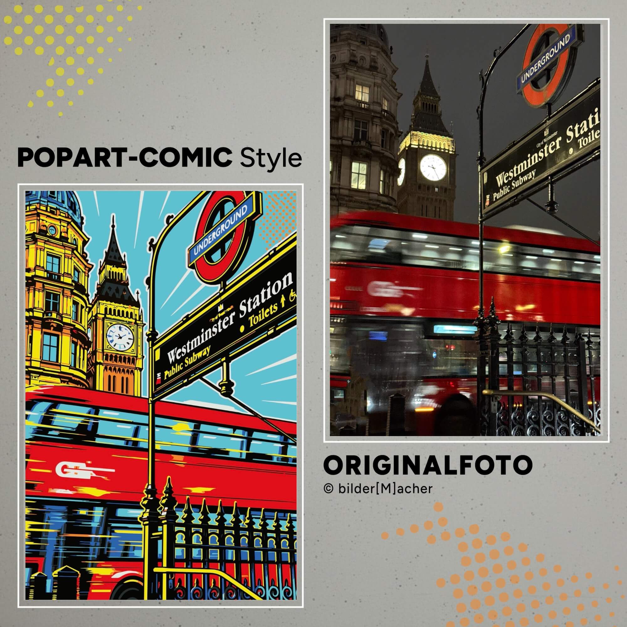 Wandbild im Popart Stil. Nahe der Westminster Station fährt ein roter London Doppeldeckerbus durchs bild, im Hintergrund der Big ben