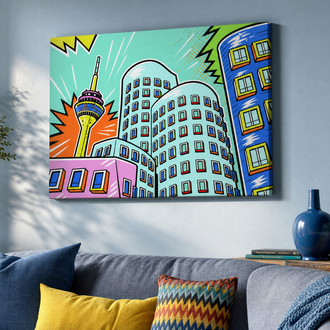 Popart Wandbild von Düsseeldorf, im Medienhafen