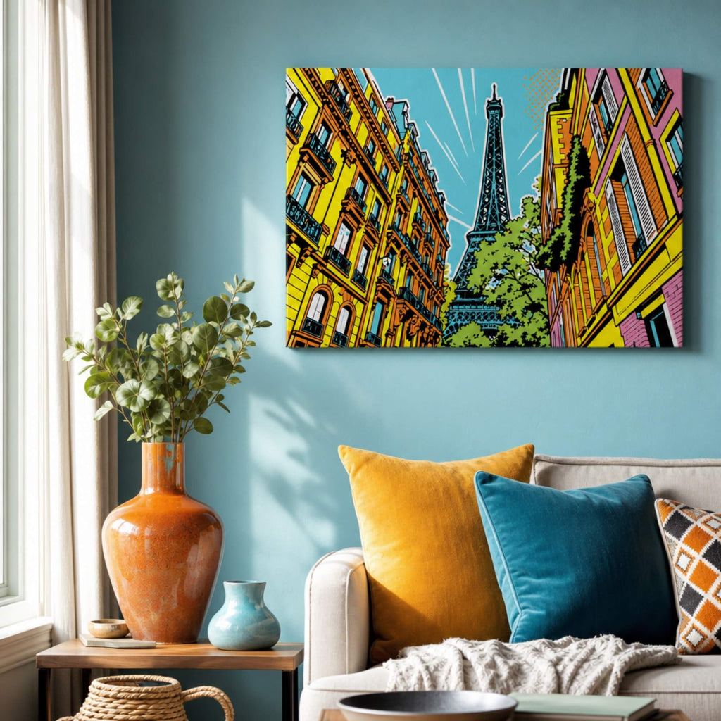 [ai-modified;e:living-room] Wandbild Paris meets Popart in einer Wohnsituation