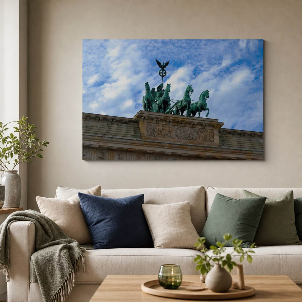 [ai-modified;e:living-room] 88Miles Wandbild Retourkutsche in einer Wohnsituation