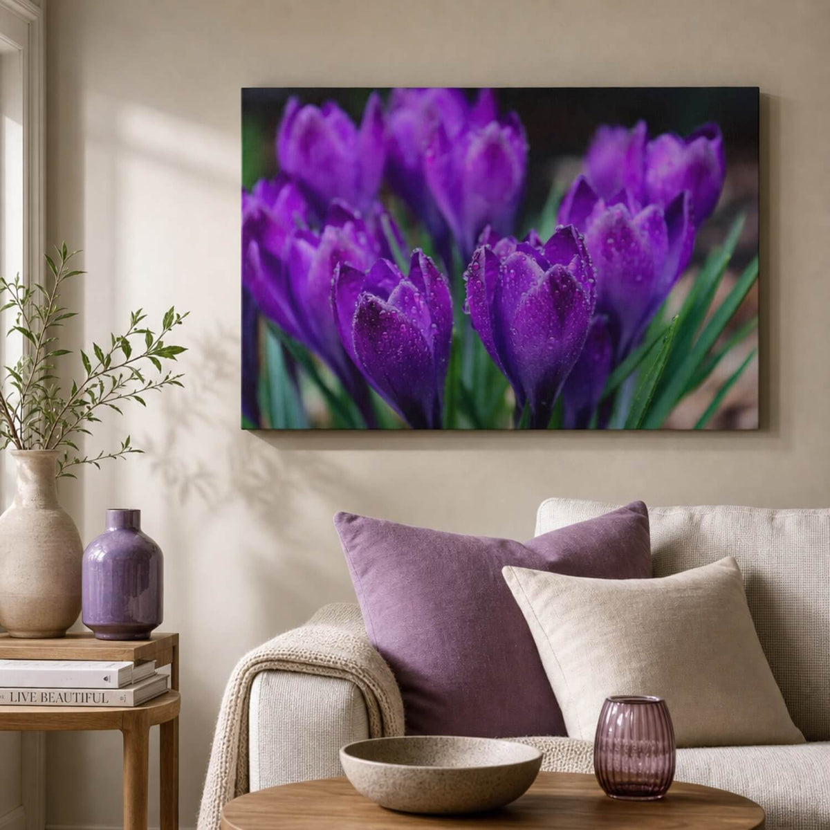 [ai-modified;e:living-room] In einer Wohnsituation hängt das 88Miles Wandbild Purpurblüte