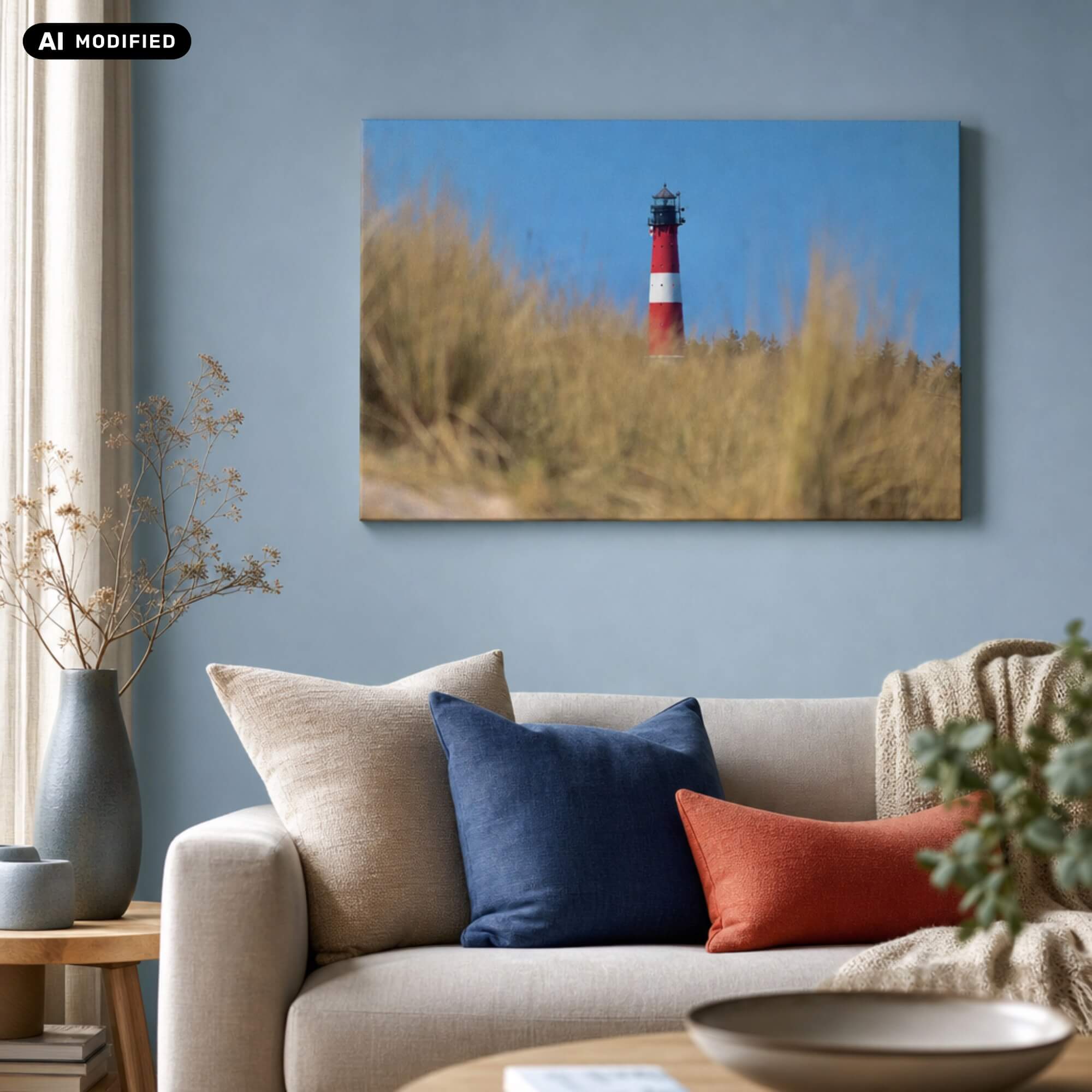 Wandbild Leuchtturm durch Dünengras in einer Wohnsituation