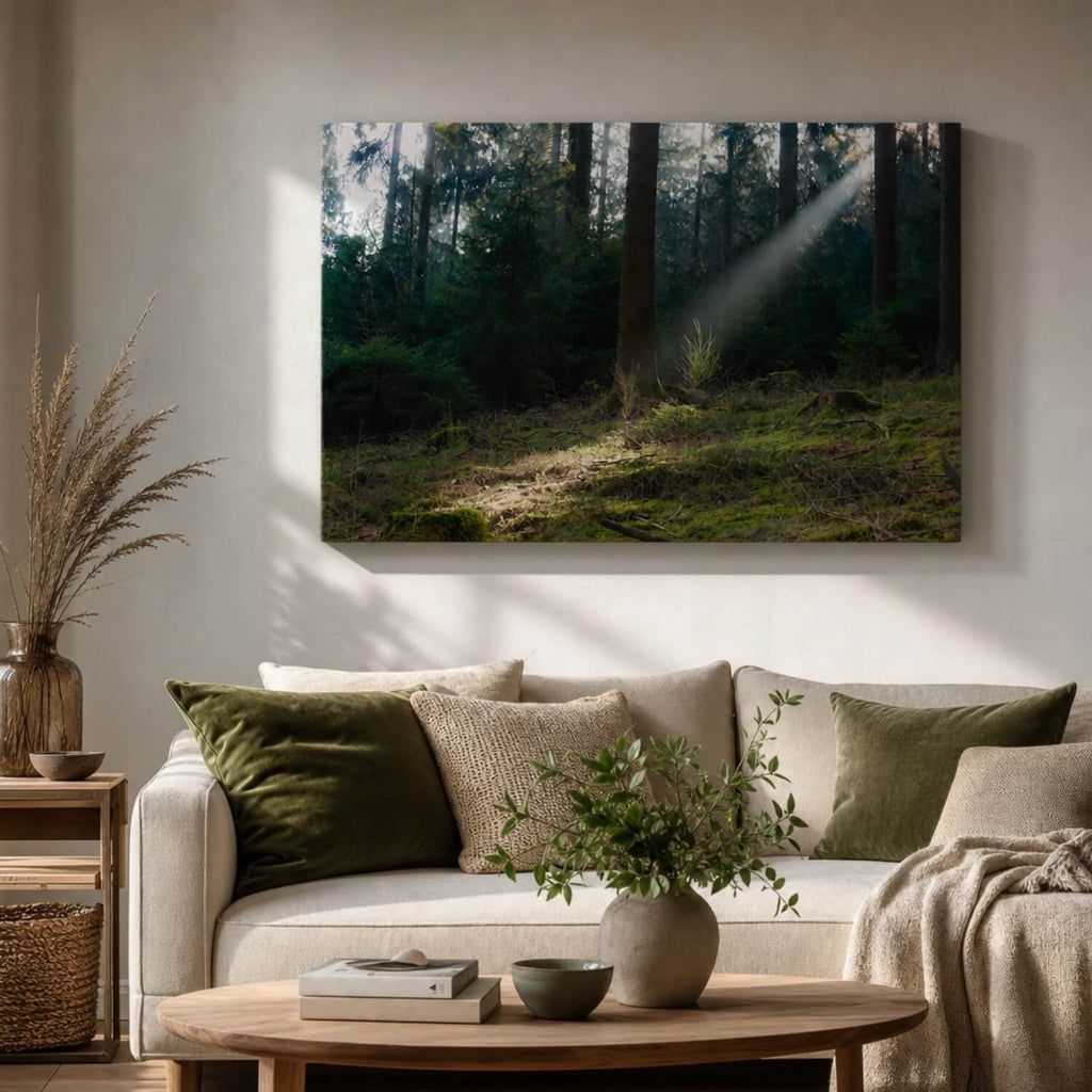 [ai-modified;e:living-room] 88Miles Wandbild Waldzauber in einer Wohnsituation