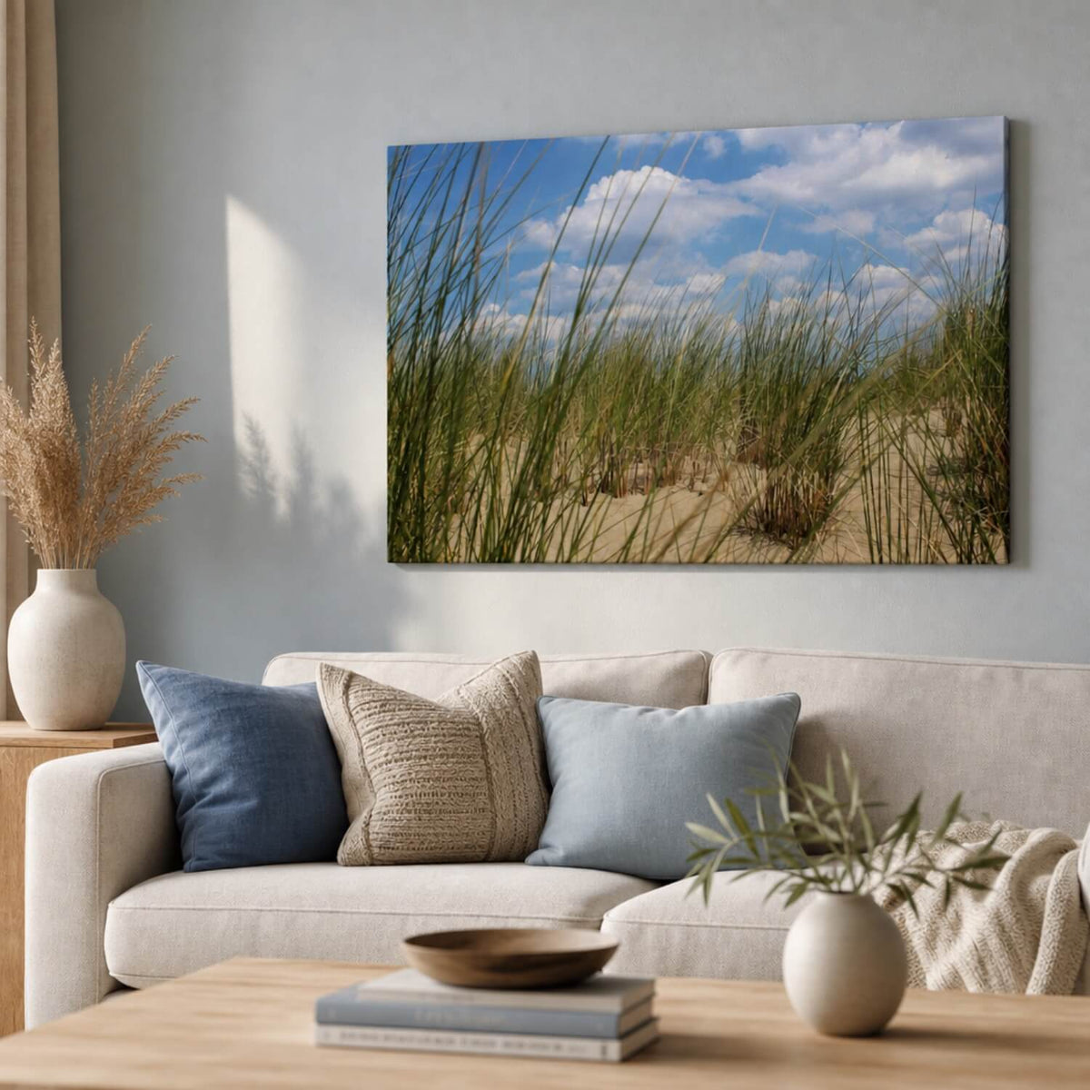 [ai-modified;e:living-room] 88Miles Wandbild Dünengras in einer Wohnlandschaft