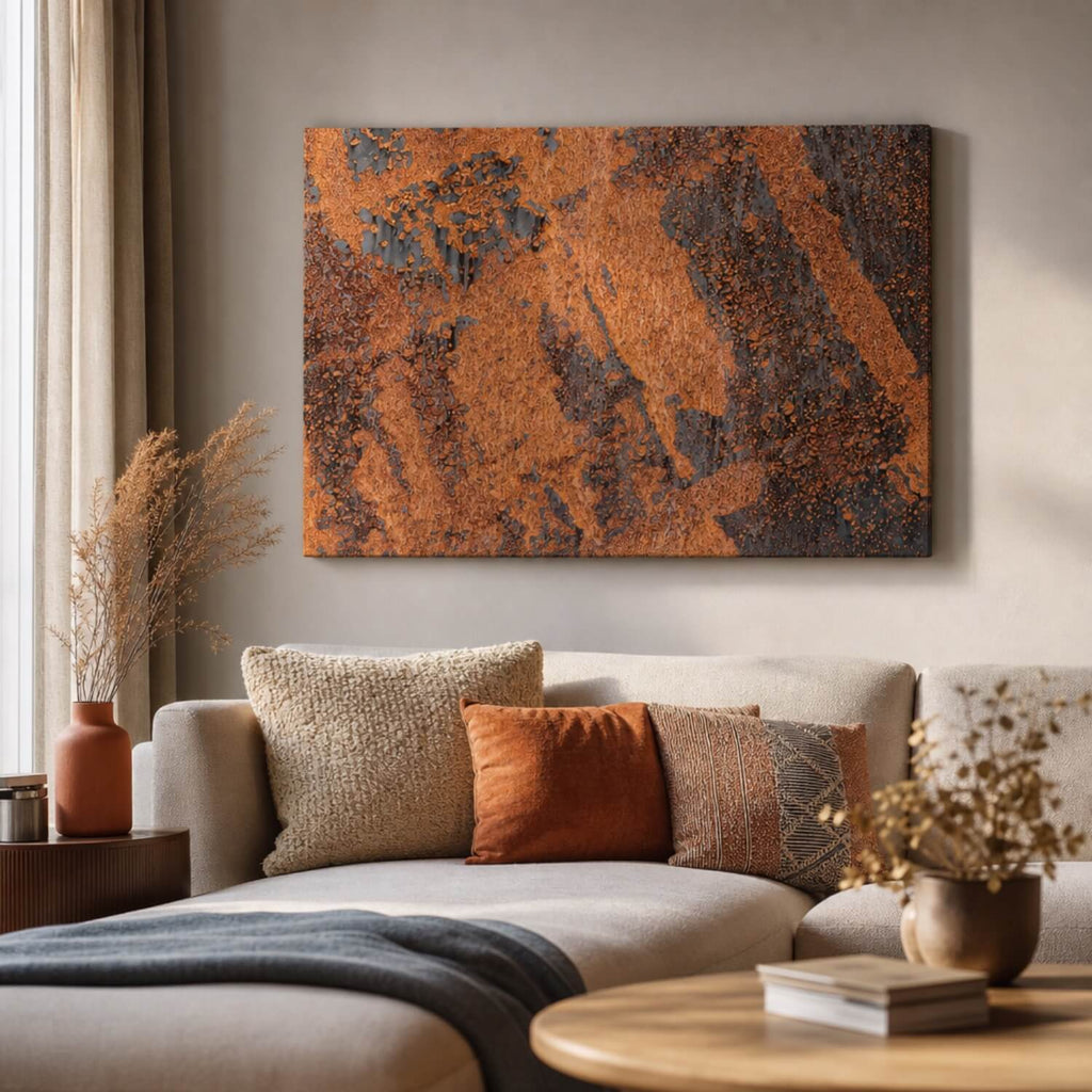 [ai-modified;e:living-room] In einer Wohnsituation hängt das Wandbild: Rusty