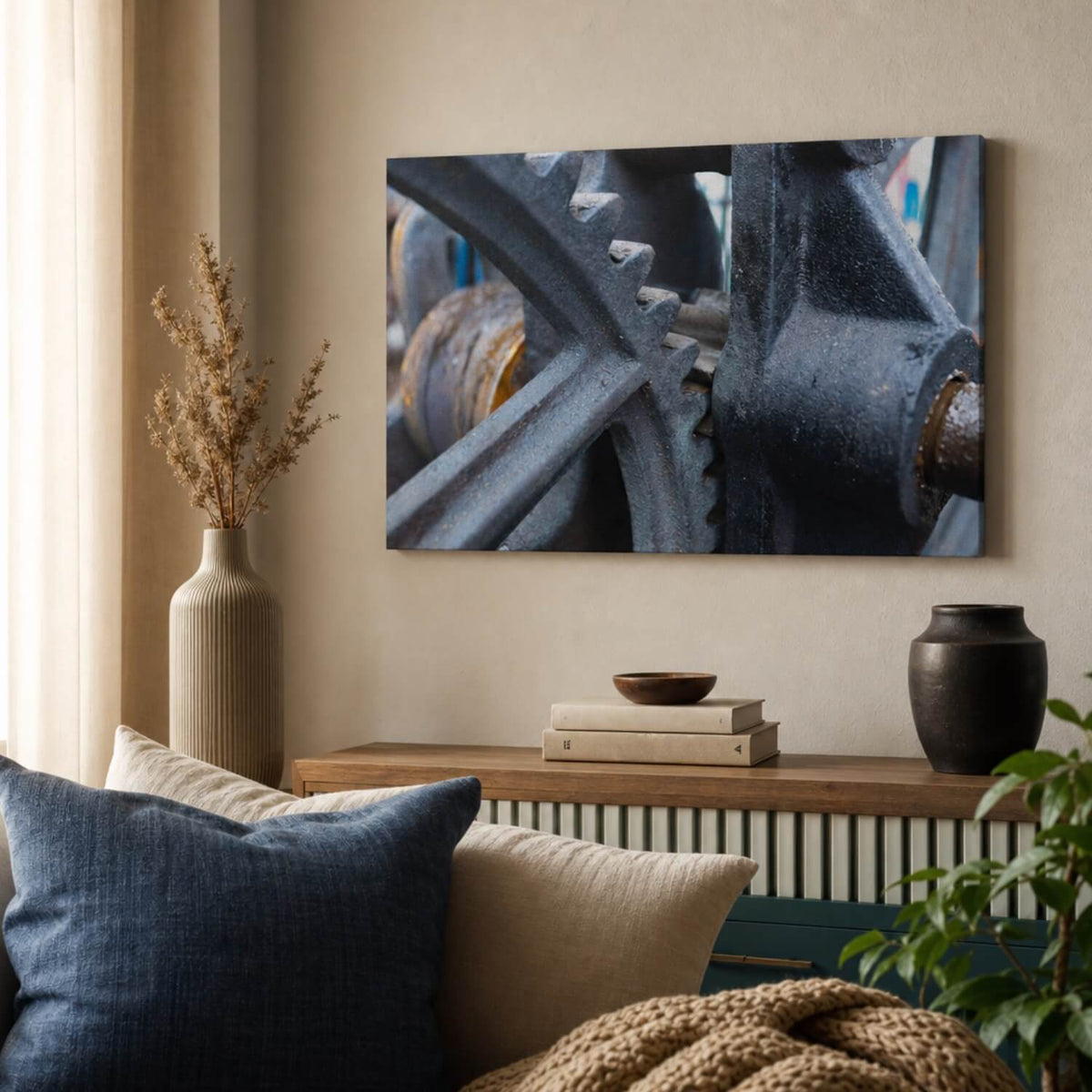 [ai-modified;e:living-room] In einer Wohnsituation hängt das Wandbild: Heavy Metal