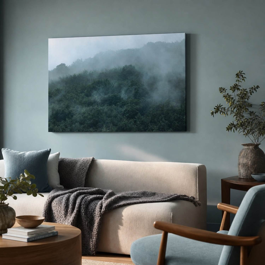 [ai-modified;e:living-room] In einer Wohnsituation hängt das Wandbild: Misty Forest