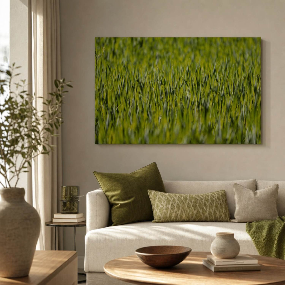 [ai-modified;e:living-room] 88Miles Wandbild Rasenstruktur in einer Wohnsituation