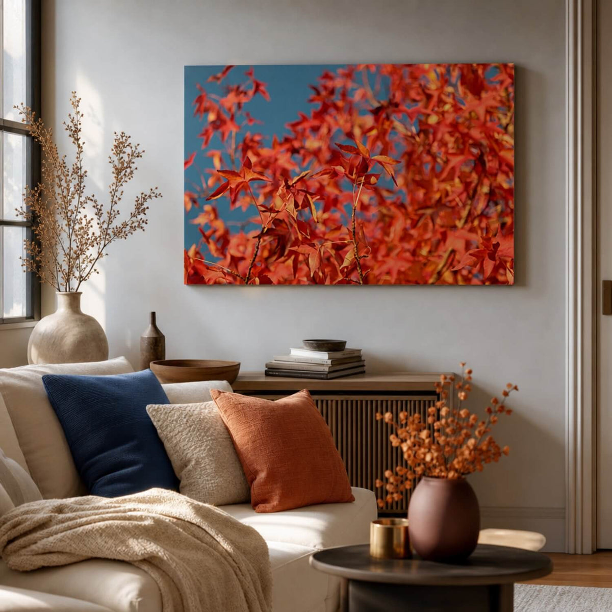 [ai-modified;e:living-room] 88Miles Wandbild Rotes Blätterdach in einer Wohnsituation