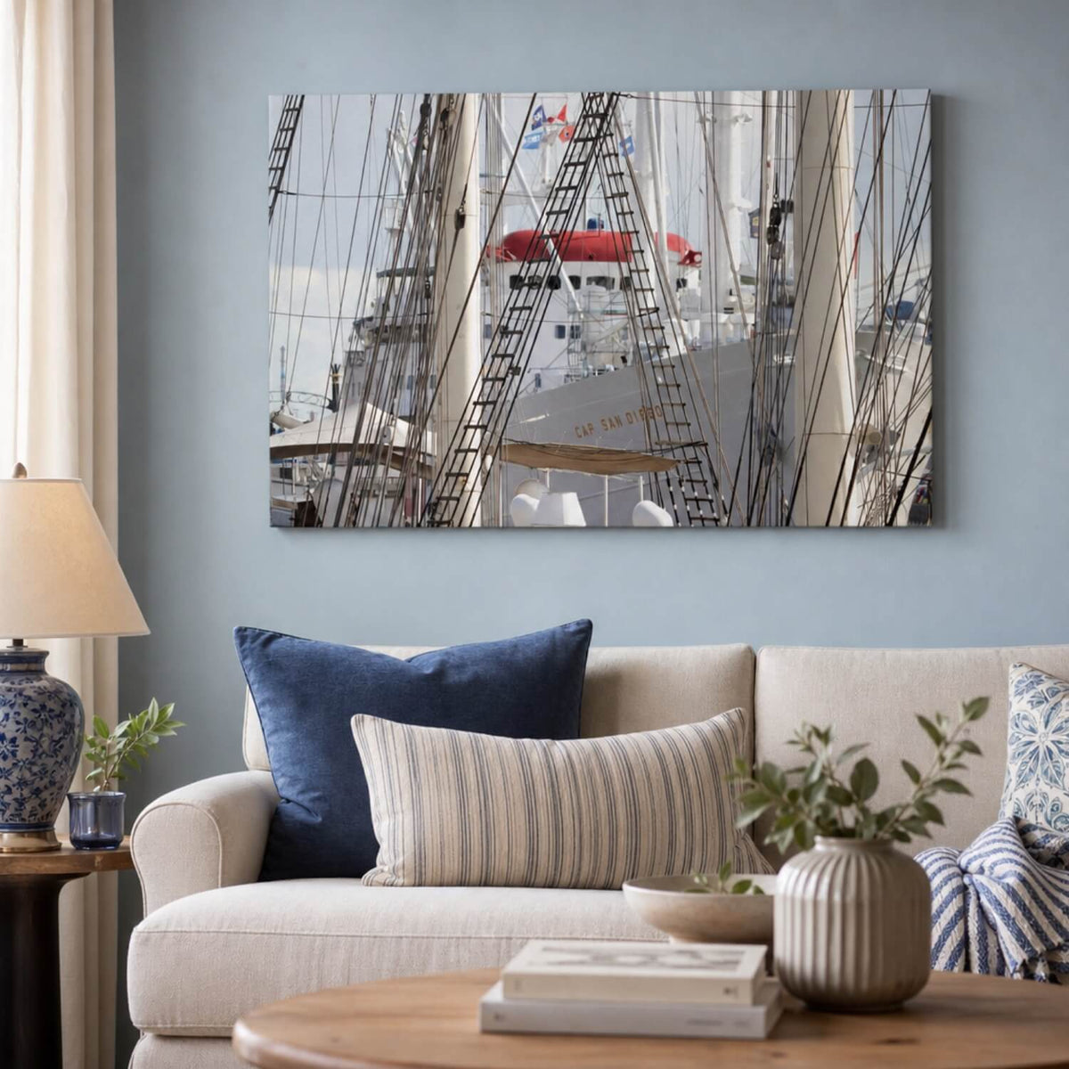 [ai-modified;e:living-room] 88Miles Wandbild Hafengewimmel in einer Wohnsituation