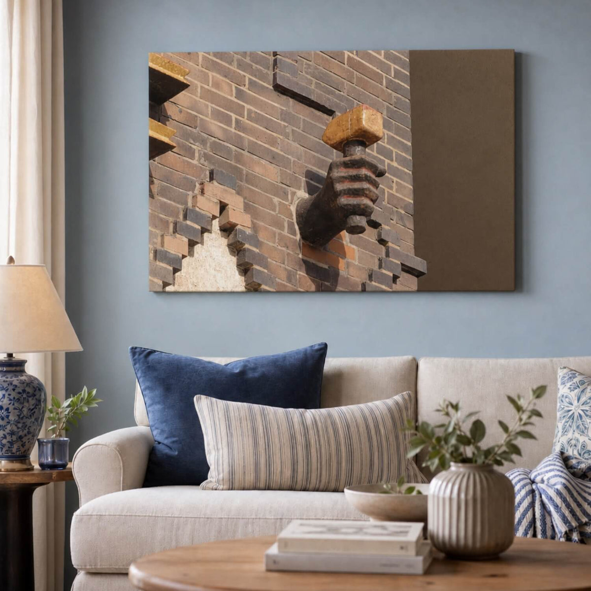 [ai-modified;e:living-room] 88Miles Wandbild hammerhart in einer Wohnsituation