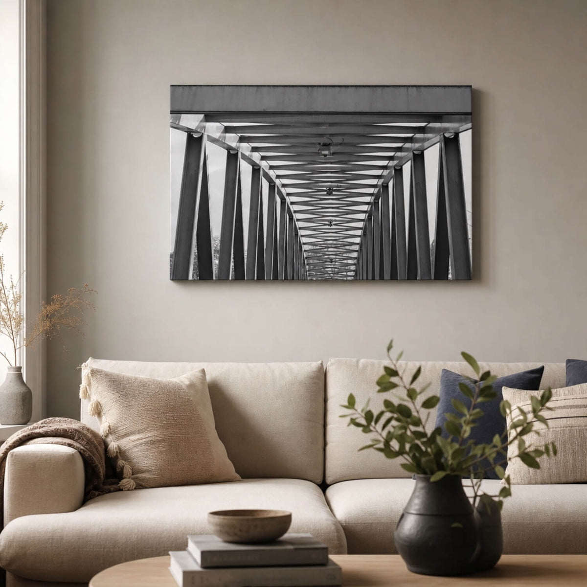 [ai-modified;e:living-room] 88Miles Wandbild Brückengeometrie in einer Wohnsituation