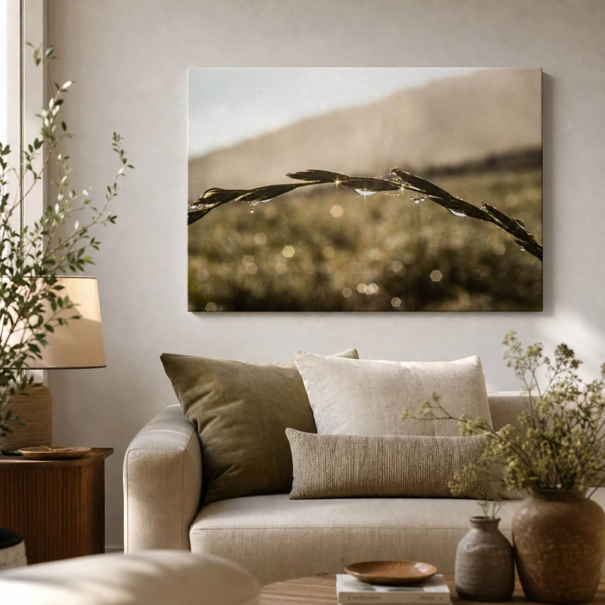 [ai-modified;e:living-room] 88Miles Wandbild Perlen des Morgens in einer Wohnsituation