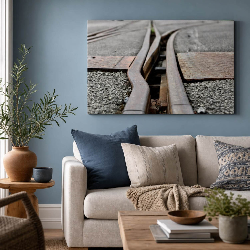 [ai-modified;e:living-room] In einer Wohnsituation ist das 88Miles Wandbild: Weichenstellung