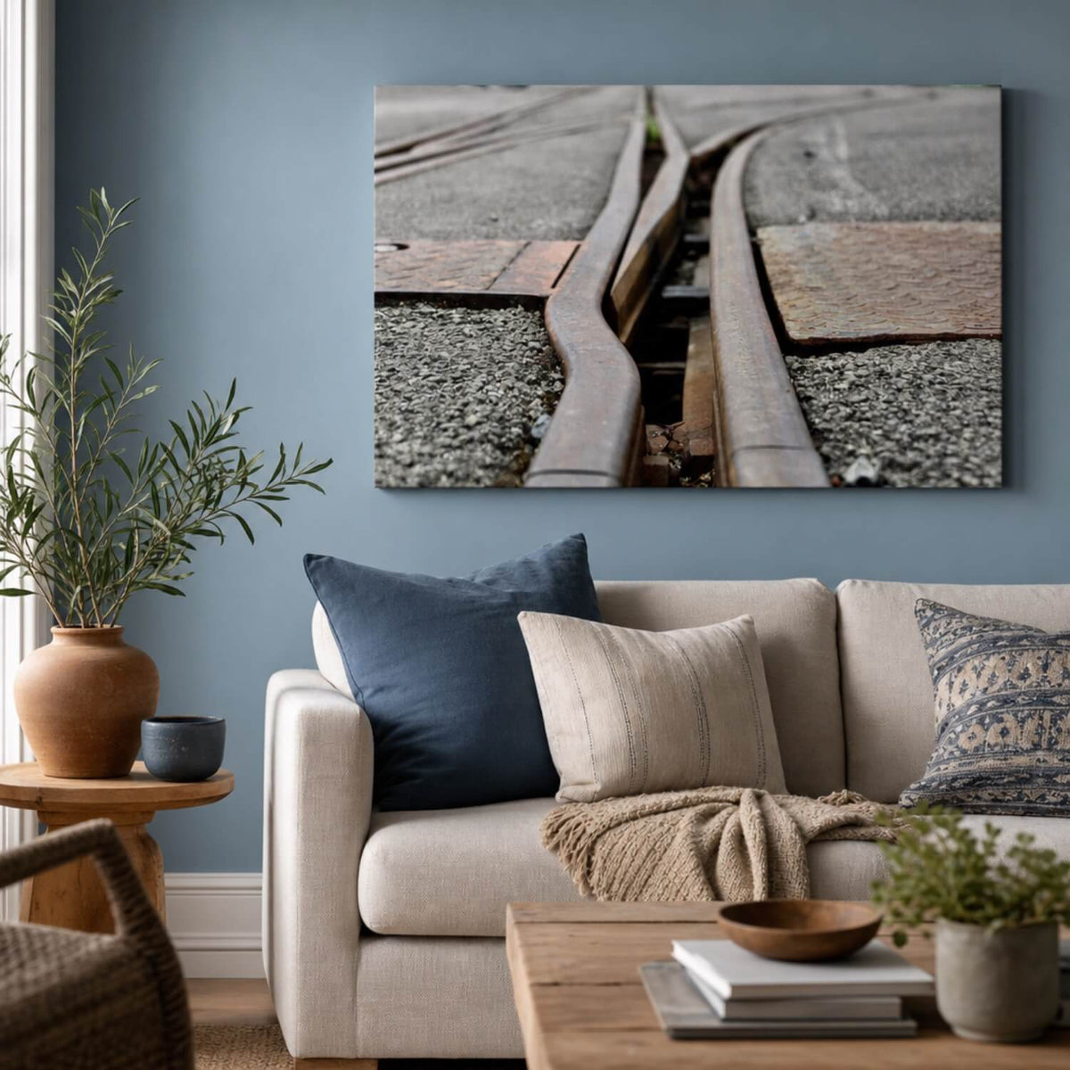 [ai-modified;e:living-room] In einer Wohnsituation ist das 88Miles Wandbild: Weichenstellung