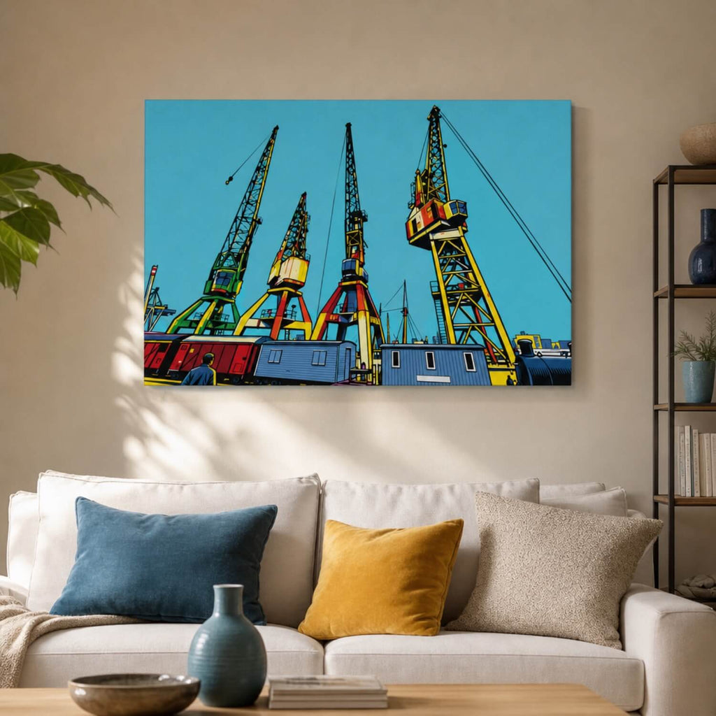 [ai-modified;e:living-room] 88Miles Wandbild Containerhafen meets Popart in einer Wohnsituation