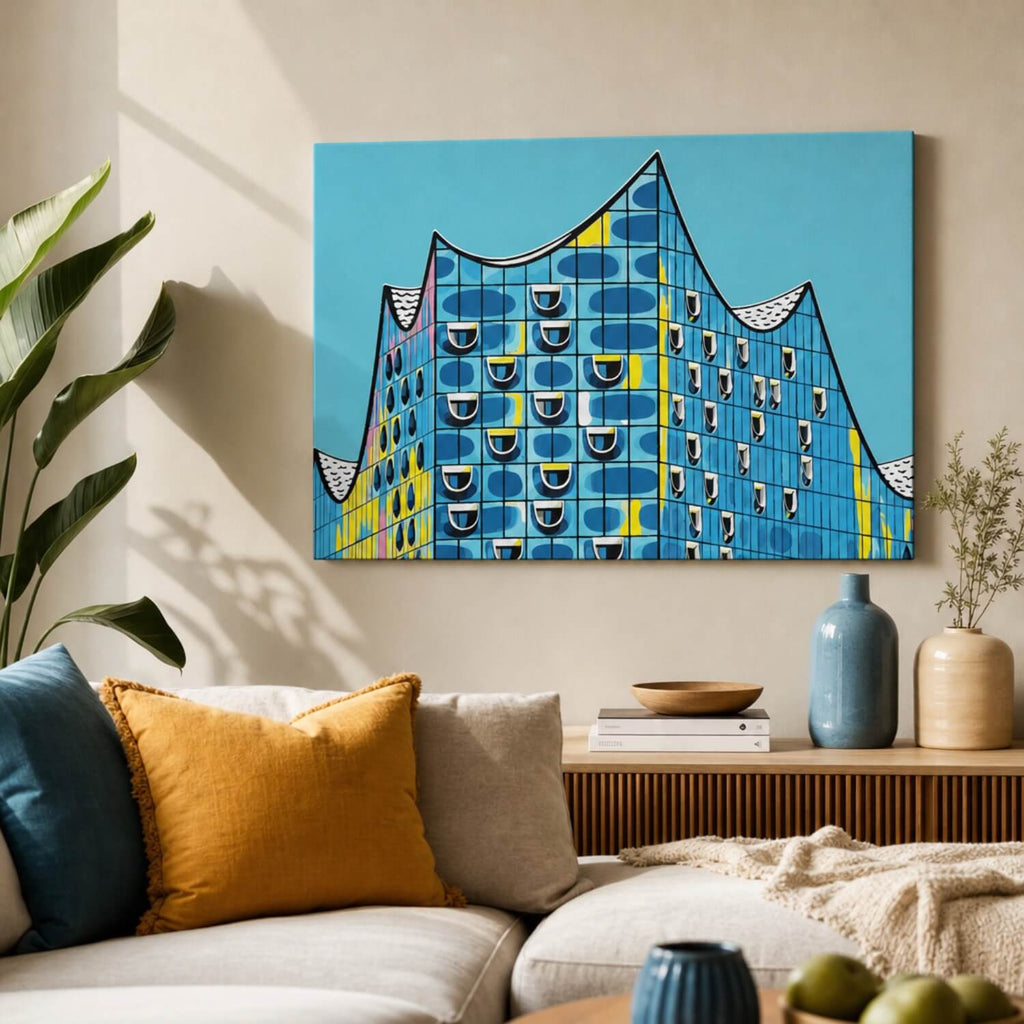 [ai-modified;e:living-room] 88Miles Elbkrone meets Popart in einer Wohnsituation