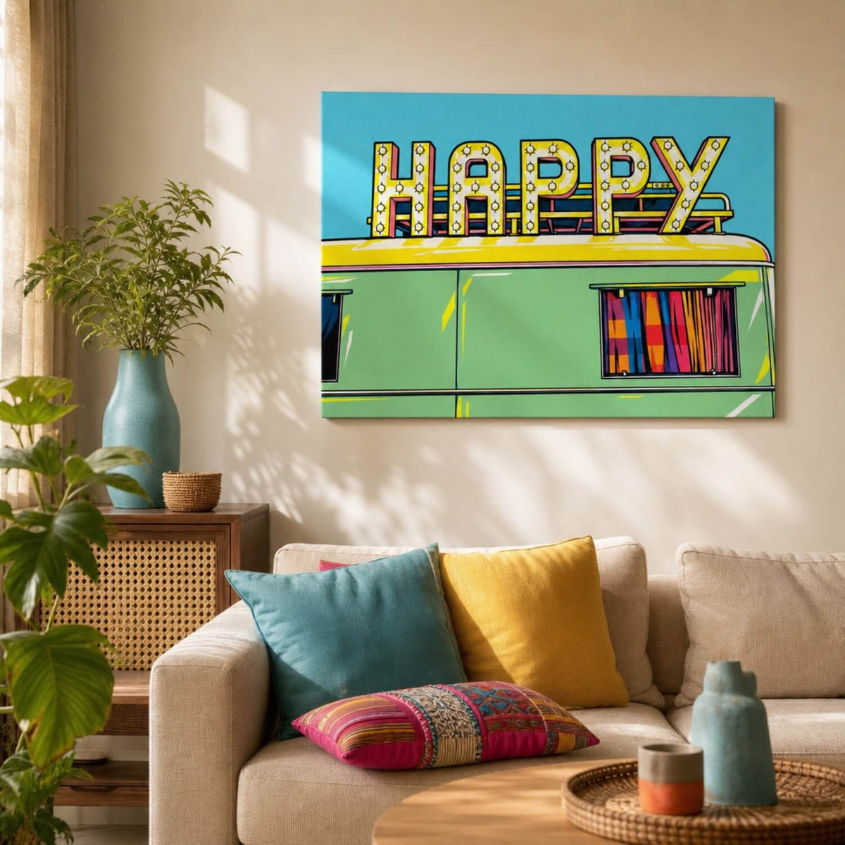 [ai-modified;e:living-room] 88Miles Wandbild Happy meets Popart in einer Wonsituation