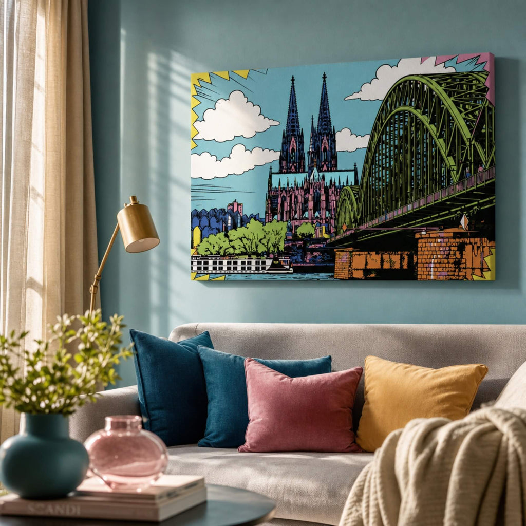 [ai-modified;e:living-room] Wandbild köln meets popart in einer wohnsituation