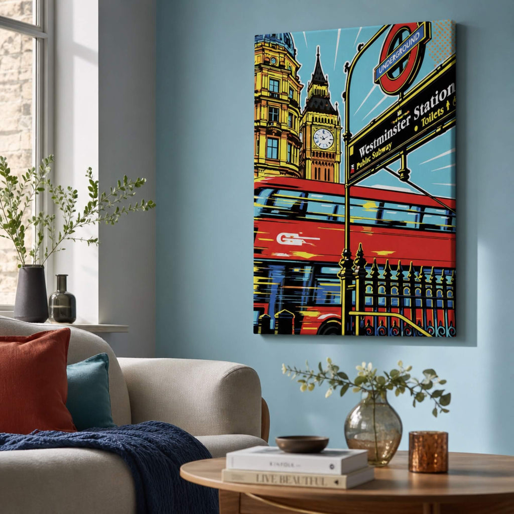 [ai-modified;e:living-room] Wandbild London meets Popart in einer Wohnsituation