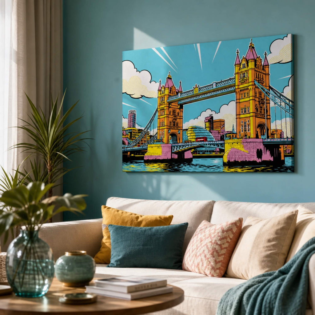 [ai-modified;e:living-room] Wandbild Tower Bridge meets Popart in einer Wohnsituation
