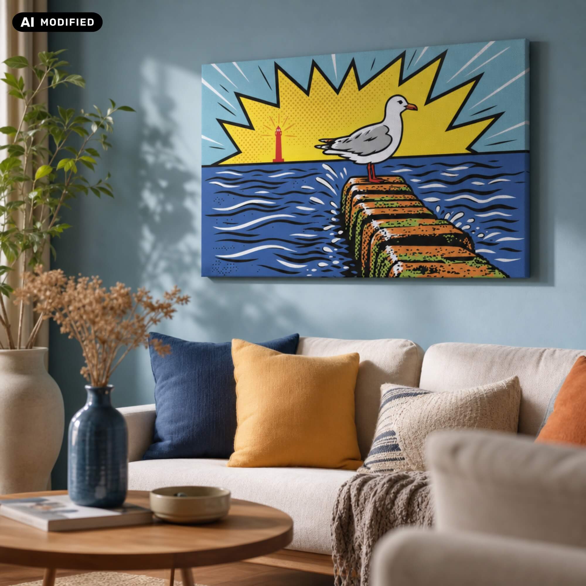 Wandbild möwe meets popart in einer Wohnsituatiojn