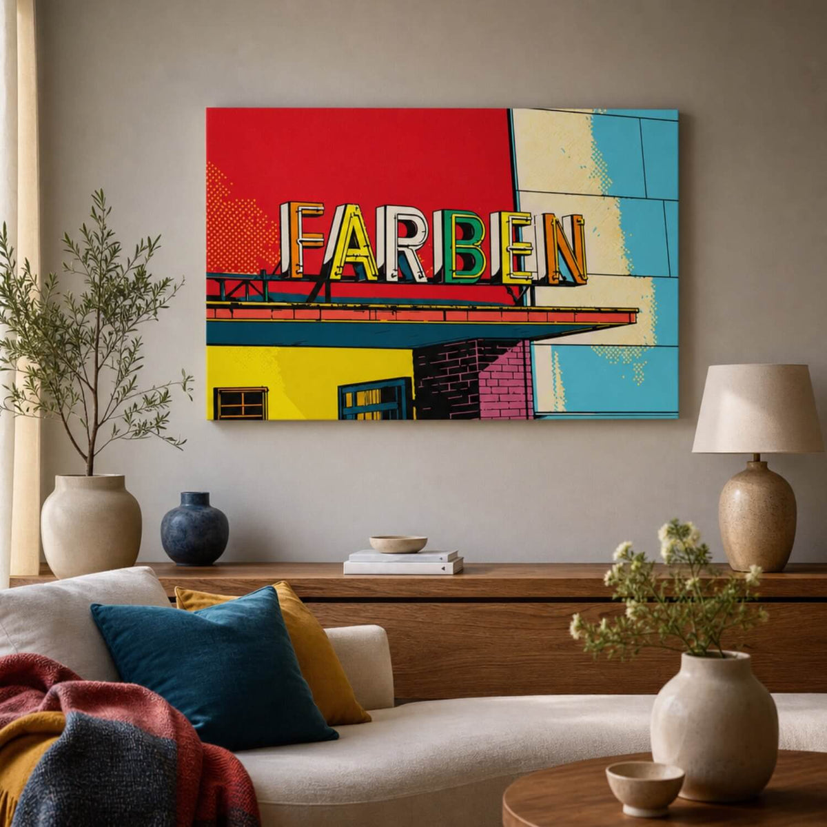 [ai-modified;e:living-room] Wandbild 88Miles Farben meets Popart in einer Wohnsituation