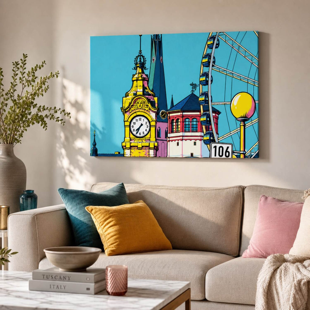 [ai-modified;e:living-room] 88Miles Wandbild Düsseldorf meets Popart in einer Wohnsituation