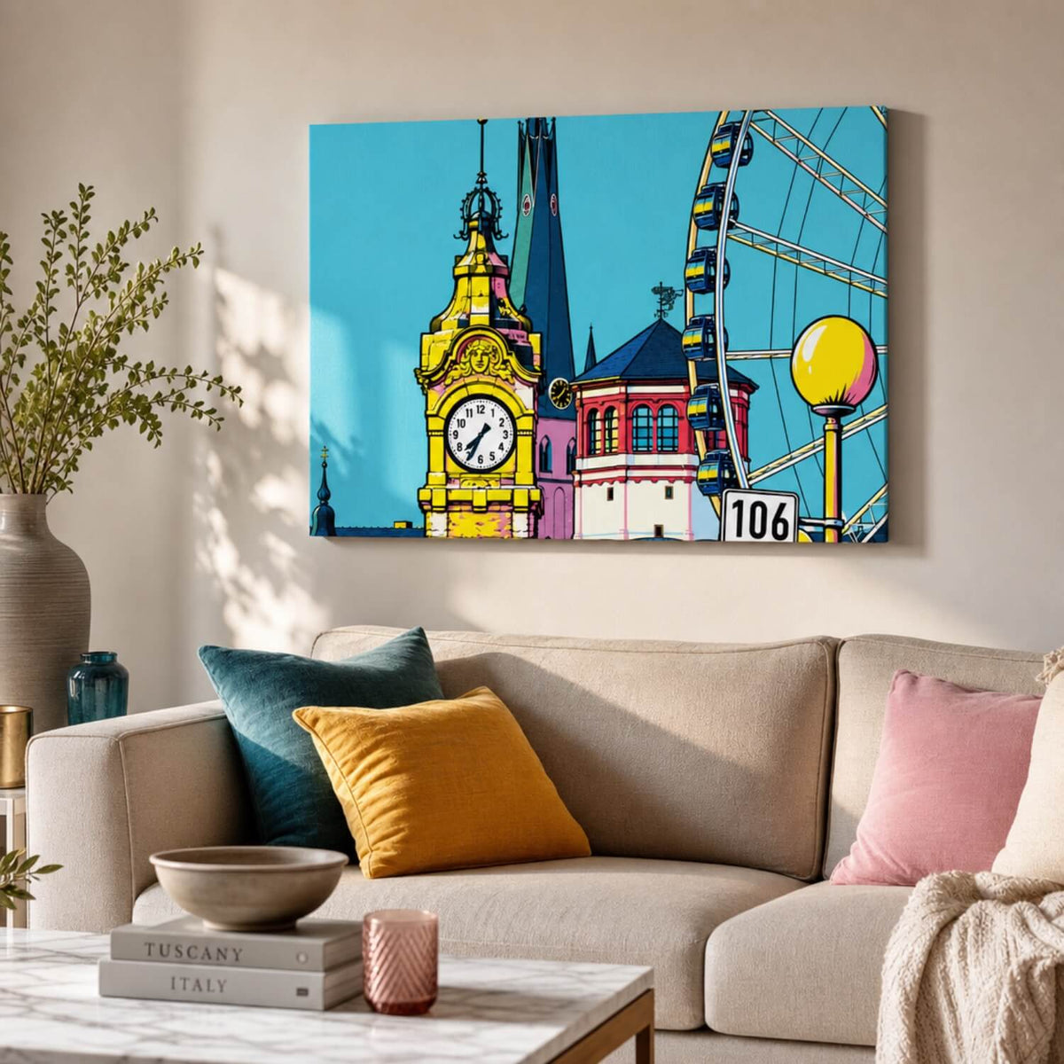 [ai-modified;e:living-room] 88Miles Wandbild Düsseldorf meets Popart in einer Wohnsituation