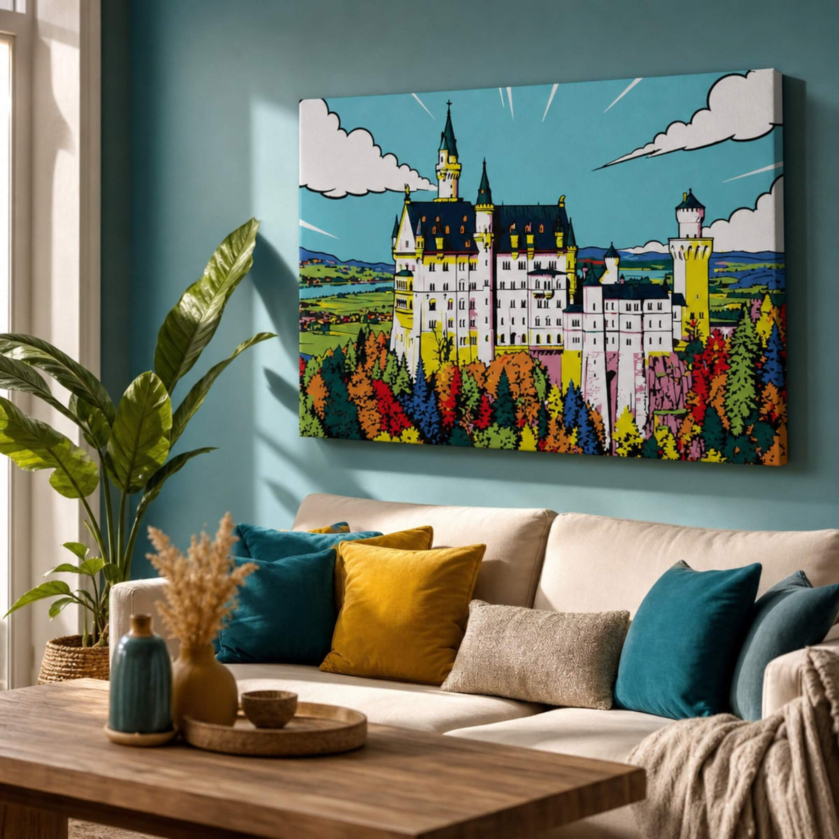 [ai-modified;e:living-room] 88Miles Wandbild: Märchenschloß meets Popart in einer Wohnsituation