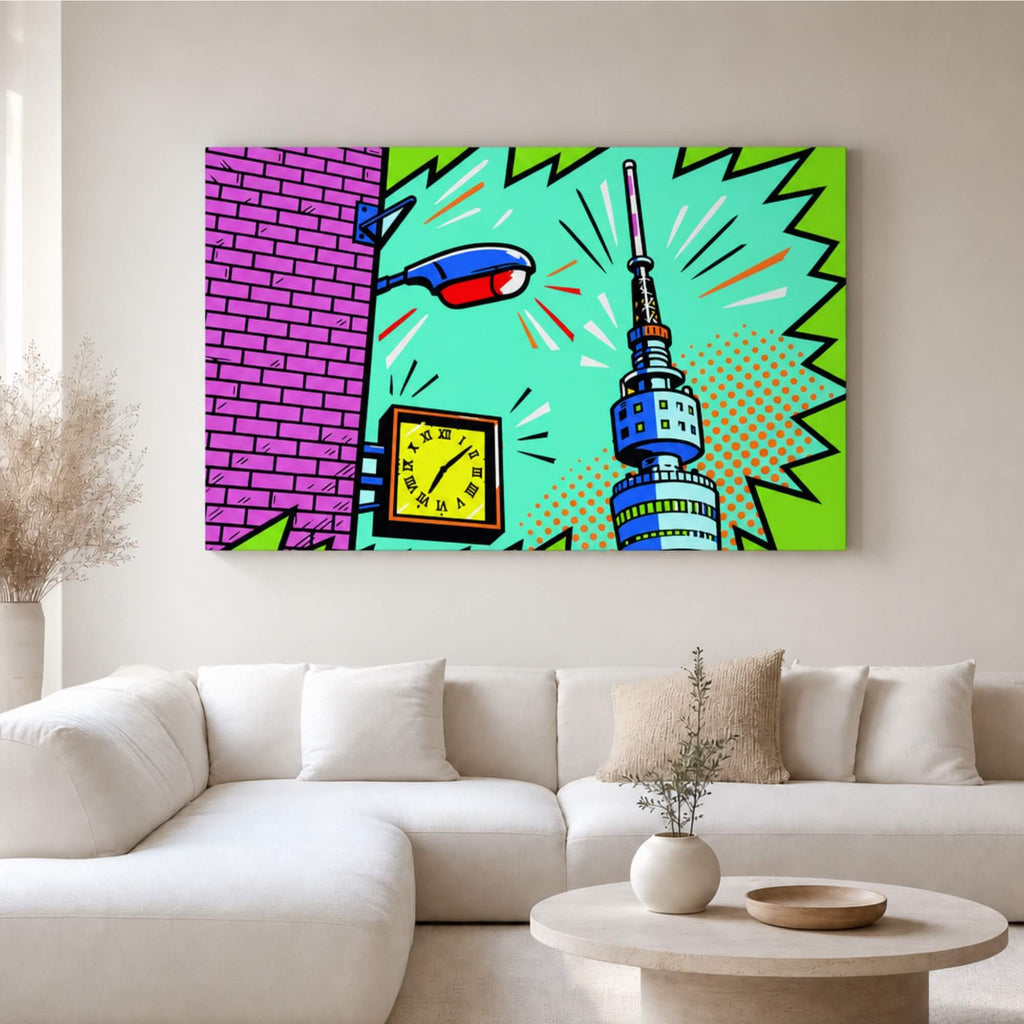 [ai-modified;e:living-room] In einer hellen Wohnsituation hängt das 88Miles Wandbild: Florianturm meets Popart