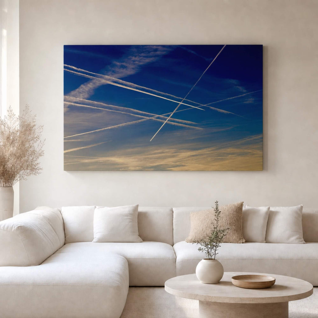 [ai-modified;e:living-room] In einer hellen Wohnsituation hängt das Wandbild: DMC Masterpieces: Fernweh