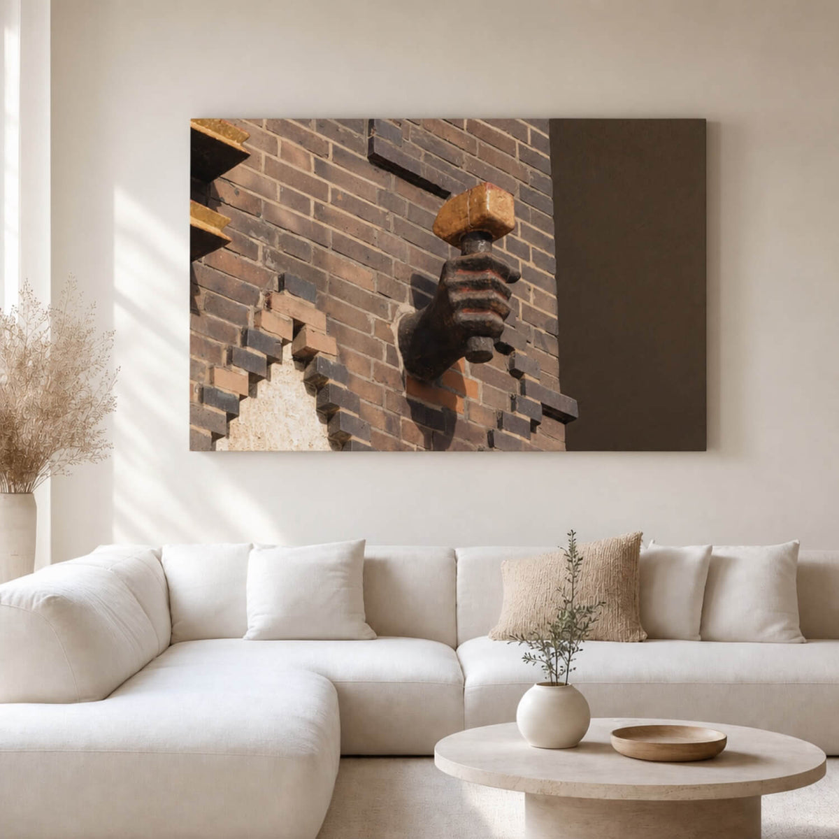 [ai-modified;e:living-room] In einer hellen Wohnsituation hängt das 88Miles Wandbild Hammerhart