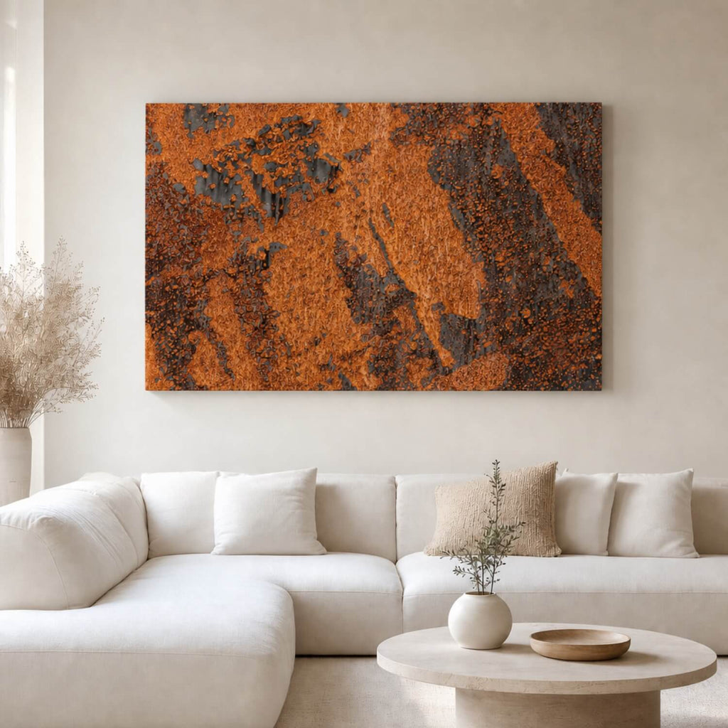 [ai-modified;e:living-room] In einer hellen Wohnsituation hängt das Wandbild: DMC Masterpieces: Rusty