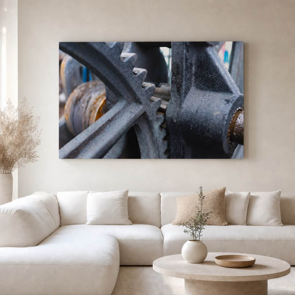 [ai-modified;e:living-room] In einer hellen Wohnsituation hängt das Wandbild: DMC Masterpieces: Heavy Metal