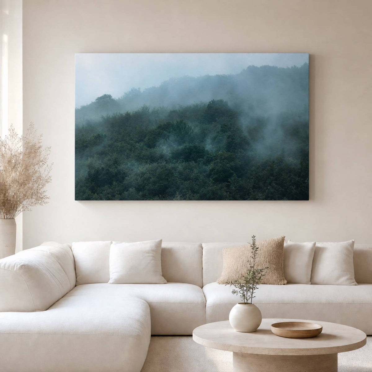 [ai-modified;e:living-room] In einer hellen Wohnsituation hängt das Wandbild: DMC Masterpieces: Misty Forest