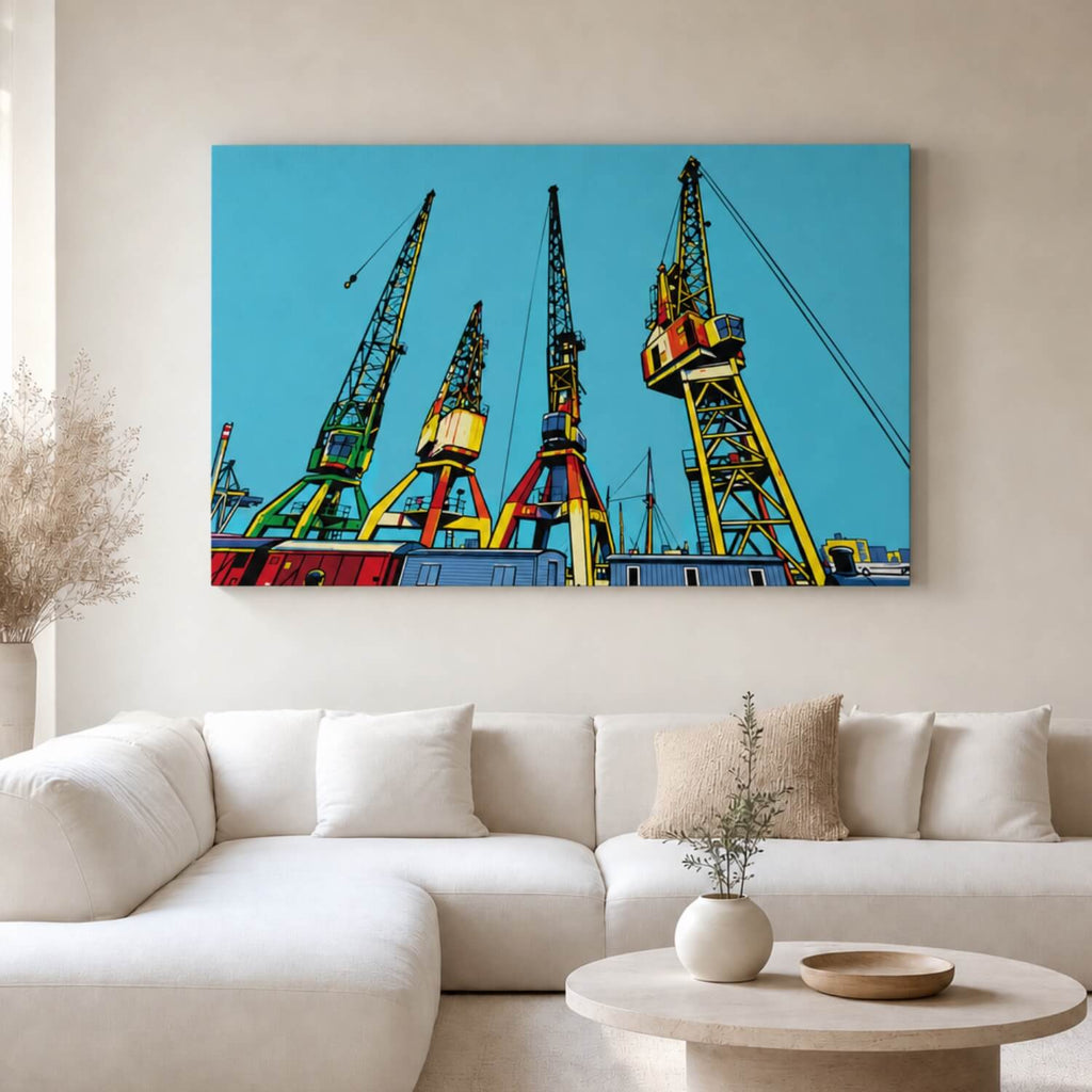 [ai-modified;e:living-room] In einer hellen Wohnsituation hängt das 88Miles Wandbild Containerhafen meets Popart