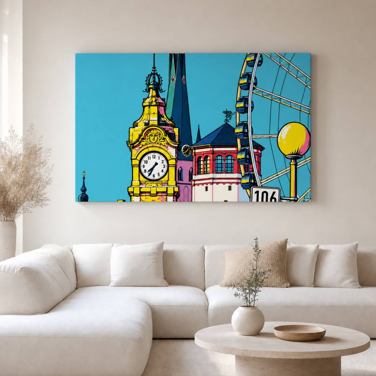 [ai-modified;e:living-room] In einer hellen Wohnsituation hängt das Wandbild Düsseldorf meets Popart
