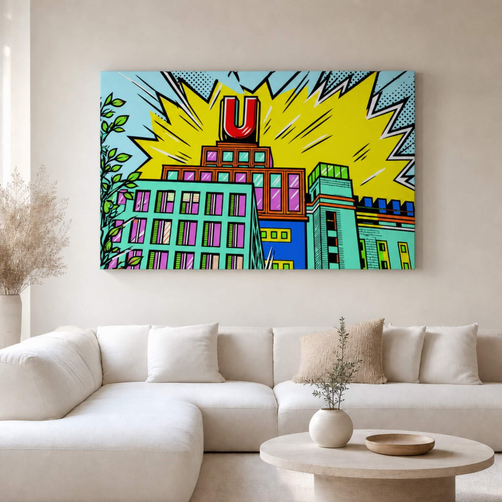 [ai-modified;e:living-room] In einer hellen Wohnsituation hängt das 88Miles Wandbild: Dortmunder U meets Popart