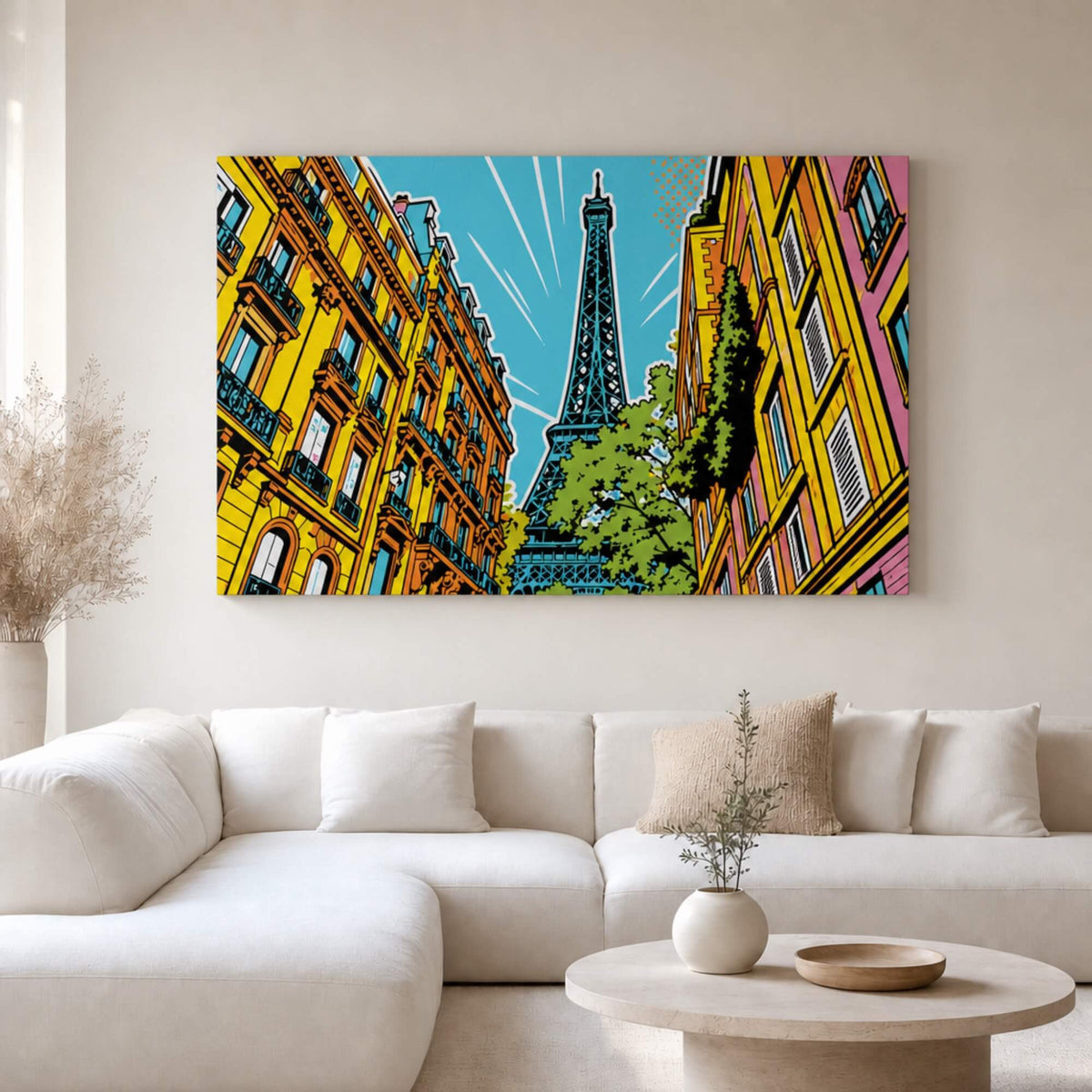 [ai-modified;e:living-room] In einer hellen Wohnsituation hängt das 88Miles Wandbild: Paris meets Popart