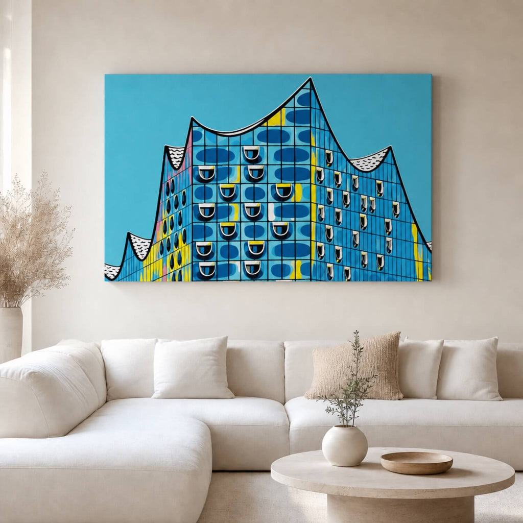 [ai-modified;e:living-room] In einer Hellen Wohnsituation hängt das 88Miles Wandbild: Elbkrone meets Popart
